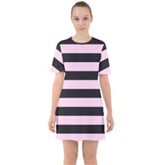 Black And Light Pastel Pink Large Stripes Goth Mime French Style Sixties Short Sleeve Mini Dress by genx