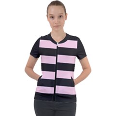 Black And Light Pastel Pink Large Stripes Goth Mime French Style Short Sleeve Zip Up Jacket by genx