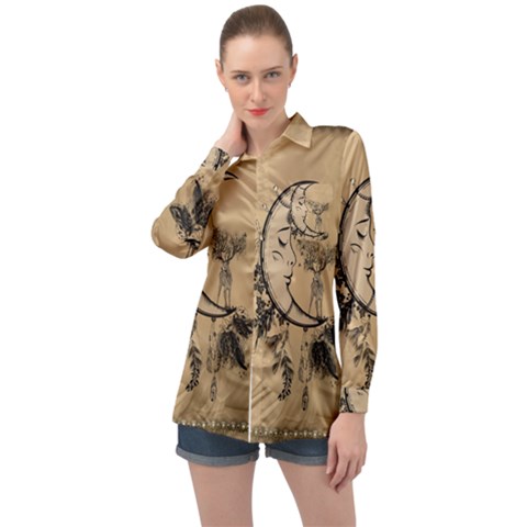 Deer On A Mooon Long Sleeve Satin Shirt by FantasyWorld7