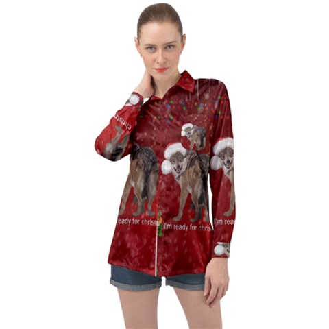 I m Ready For Christmas, Funny Wolf Long Sleeve Satin Shirt by FantasyWorld7