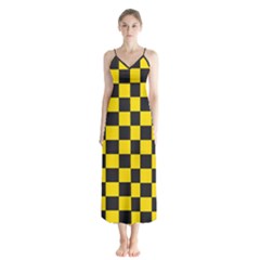 Checkerboard Pattern Black And Yellow Ancap Libertarian Button Up Chiffon Maxi Dress by snek