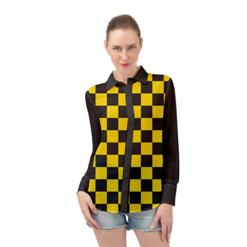 Checkerboard Pattern Black And Yellow Ancap Libertarian Long Sleeve Chiffon Shirt by snek