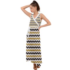 Black And Gold Glitters Zigzag Retro Pattern Golden Metallic Texture V-neck Chiffon Maxi Dress by genx