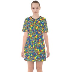 Clown World Pepe The Frog Honkhonk Meme Kekistan Funny Pattern Blue  Sixties Short Sleeve Mini Dress by snek