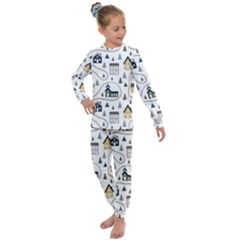 Abstract Seamless Pattern With Cute Houses Trees Road Kids  Long Sleeve Set  by Vaneshart