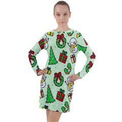 Colorful Funny Christmas Pattern Cartoon Long Sleeve Hoodie Dress by Vaneshart