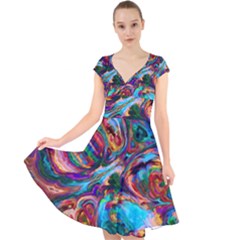 Seamless Abstract Colorful Tile Cap Sleeve Front Wrap Midi Dress by HermanTelo