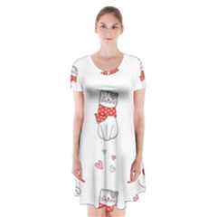 Seamless Pattern Cute Cat With Little Heart Short Sleeve V-neck Flare Dress by Wegoenart