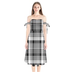 Black White Plaid Checked Seamless Pattern Shoulder Tie Bardot Midi Dress by Wegoenart