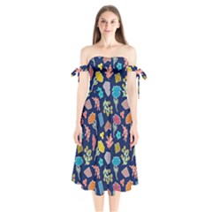 Pattern With Paper Flowers Shoulder Tie Bardot Midi Dress by Wegoenart