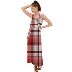 Red Abstract Check Textile Seamless Pattern V-neck Chiffon Maxi Dress by Wegoenart