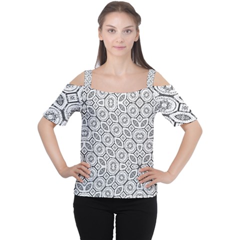 Black And White Baroque Ornate Print Pattern Cutout Shoulder Tee by dflcprintsclothing