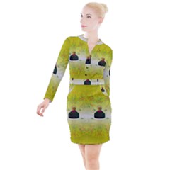 Birds And Sunshine With A Big Bottle Peace And Love Button Long Sleeve Dress by pepitasart