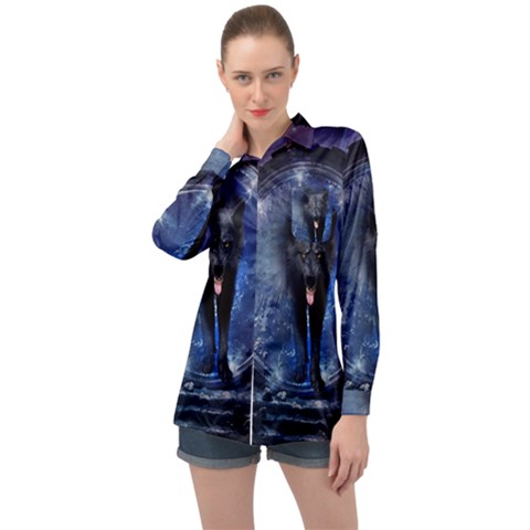 Awesome Wolf In The Gate Long Sleeve Satin Shirt by FantasyWorld7