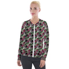 Doily Rose Pattern Black Velour Zip Up Jacket by snowwhitegirl