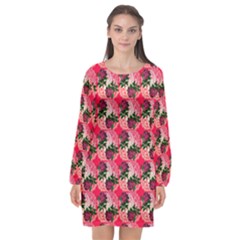 Doily Rose Pattern Watermelon Pink Long Sleeve Chiffon Shift Dress  by snowwhitegirl