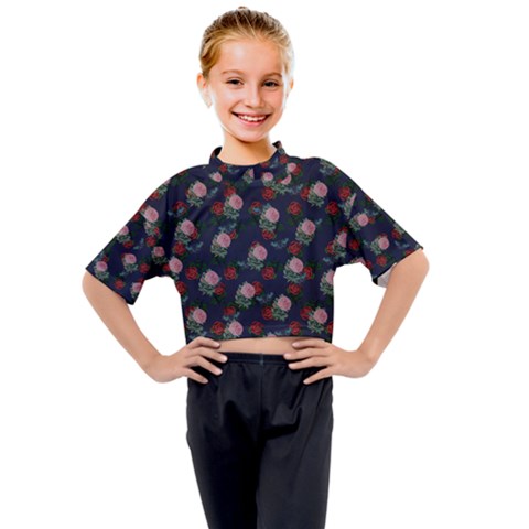 Dark Floral Butterfly Blue Kids Mock Neck Tee by snowwhitegirl