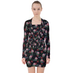 Dark Floral Butterfly Black V-neck Bodycon Long Sleeve Dress by snowwhitegirl