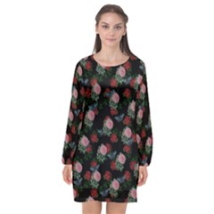 Dark Floral Butterfly Black Long Sleeve Chiffon Shift Dress  by snowwhitegirl