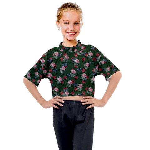 Dark Floral Butterfly Green Kids Mock Neck Tee by snowwhitegirl