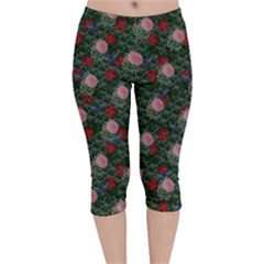 Dark Floral Butterfly Teal Bats Lip Green Velvet Capri Leggings  by snowwhitegirl