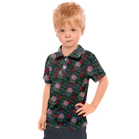 Dark Floral Butterfly Teal Bats Lip Green Kids  Polo Tee by snowwhitegirl