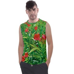 Red Flowers And Green Plants At Outdoor Garden Men s Regular Tank Top by dflcprintsclothing