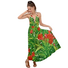 Red Flowers And Green Plants At Outdoor Garden Backless Maxi Beach Dress by dflcprintsclothing