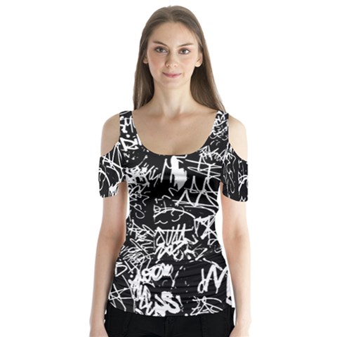 Graffiti Abstract Collage Print Pattern Butterfly Sleeve Cutout Tee  by dflcprintsclothing