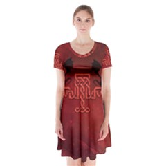 Decorative Celtic Knot With Dragon Short Sleeve V-neck Flare Dress by FantasyWorld7