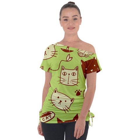 Cute Hand Drawn Cat Seamless Pattern Tie-up Tee by Vaneshart