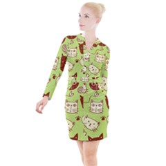 Cute Hand Drawn Cat Seamless Pattern Button Long Sleeve Dress by Vaneshart