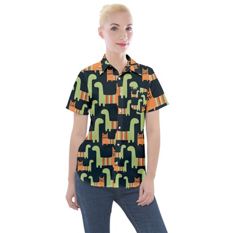 Seamless Pattern With Cats Women s Short Sleeve Pocket Shirt by Vaneshart