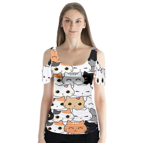 Cute Cat Kitten Cartoon Doodle Seamless Pattern Butterfly Sleeve Cutout Tee  by Vaneshart