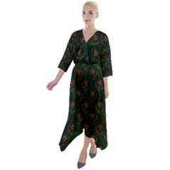 Orange Rose Wallpaper Pattern Quarter Sleeve Wrap Front Maxi Dress by Wegoenart