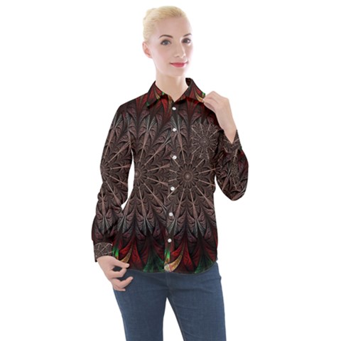 Fractal Flower Fantasy Floral Women s Long Sleeve Pocket Shirt by Wegoenart