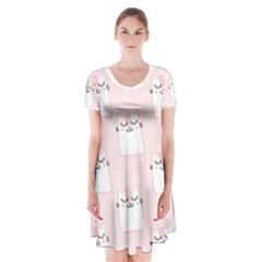 Pattern Pink Cute Sweet Fur Cats Short Sleeve V-neck Flare Dress by Wegoenart