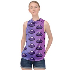 Ufo Alien Pattern High Neck Satin Top by Wegoenart