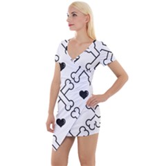 Dog Bone Seamless Pattern Heart Valentine Short Sleeve Asymmetric Mini Dress by Nexatart