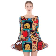 Abstract Grunge Urban Pattern With Monster Character Super Drawing Graffiti Style Long Sleeve Velvet Skater Dress by Nexatart