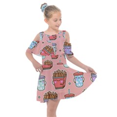 Cute Kawaii Food Seamless Pattern Kids  Shoulder Cutout Chiffon Dress by Nexatart