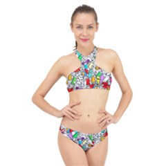 Graffiti Characters Seamless Pattern High Neck Bikini Set by Nexatart