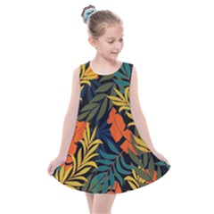 Fashionable Seamless Tropical Pattern With Bright Green Blue Plants Leaves Kids  Summer Dress by Nexatart