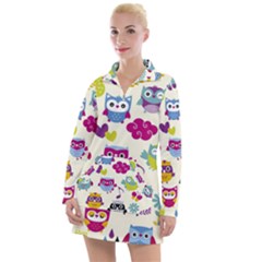 Funny Colorful Owls Women s Long Sleeve Casual Dress by Vaneshart