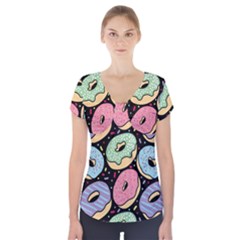 Colorful Donut Seamless Pattern On Black Vector Short Sleeve Front Detail Top by Sobalvarro