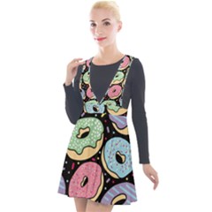 Colorful Donut Seamless Pattern On Black Vector Plunge Pinafore Velour Dress by Sobalvarro