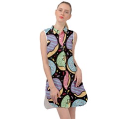 Colorful Donut Seamless Pattern On Black Vector Sleeveless Shirt Dress by Sobalvarro