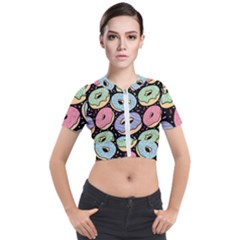 Colorful Donut Seamless Pattern On Black Vector Short Sleeve Cropped Jacket by Sobalvarro