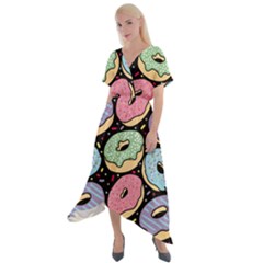 Colorful Donut Seamless Pattern On Black Vector Cross Front Sharkbite Hem Maxi Dress by Sobalvarro