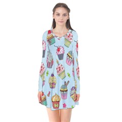 Cupcake Doodle Pattern Long Sleeve V-neck Flare Dress by Sobalvarro